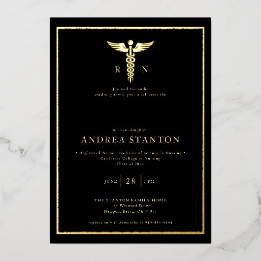 ナーススクール卒業金ゴールドフレームカドゥセウムブラック 箔招待状 (正面)