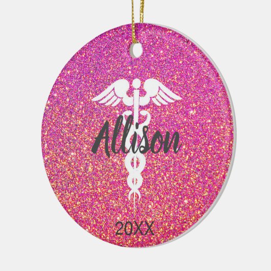 ナースドクターメディカルカドゥセウスピンクグリッターカスタム セラミックオーナメント (左)
