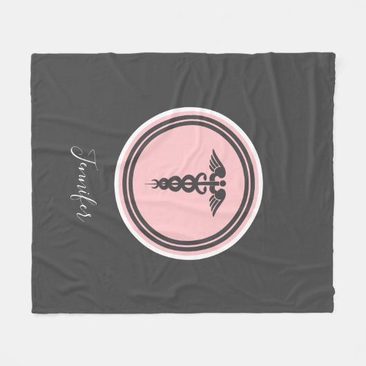 ナースドクターメディカルカドゥセスピンクグレー名 フリースブランケット (正面(横))