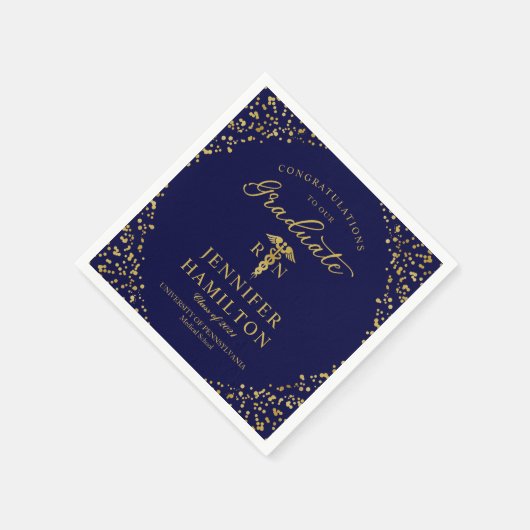 ナースドクター卒業エレガント金ゴールドブルー スタンダードカクテルナプキン (角)
