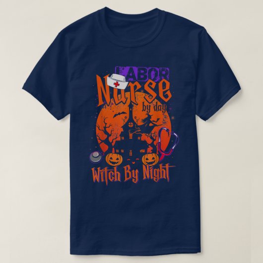 ナースバイデイウィッチバイナイトハロウィーンナース労働 Tシャツ (デザイン正面)