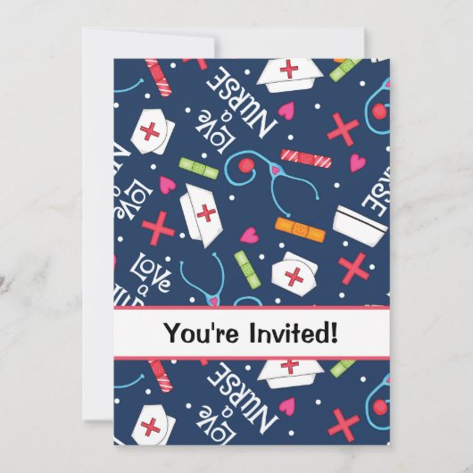 ナースバースデーパーティーお祝いネイビーブルーホワイト 招待状 (正面)