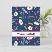 ナースバースデーパーティーお祝いネイビーブルーホワイト 招待状 (スタンド正面)