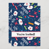 ナースバースデーパーティーお祝いネイビーブルーホワイト 招待状 (正面/裏面)