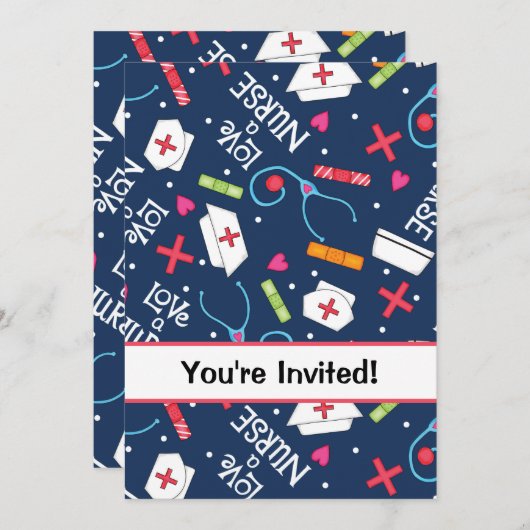 ナースバースデーパーティーお祝いネイビーブルーホワイト 招待状 (正面/裏面)