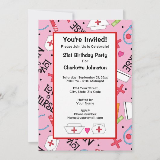 ナースバースデーパーティーお祝いピンク 招待状 (裏面)