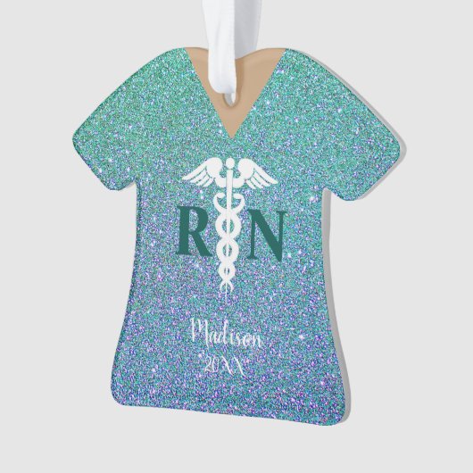 ナースパーソナライズされたティール(緑がかった色)ブルーグリッタースクラブトップ オーナメント (正面)