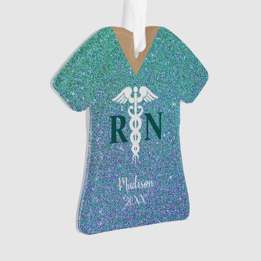 ナースパーソナライズされたティール(緑がかった色)ブルーグリッタースクラブトップ オーナメント (正面)