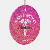 ナースパーソナライズされたピンクグリッタークリスマス セラミックオーナメント (右)