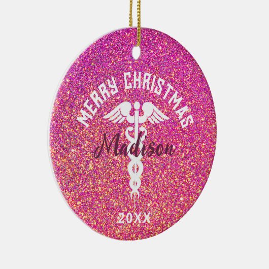ナースパーソナライズされたピンクグリッタークリスマス セラミックオーナメント (右)