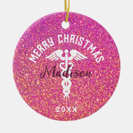 ナースパーソナライズされたピンクグリッタークリスマス セラミックオーナメント (正面)