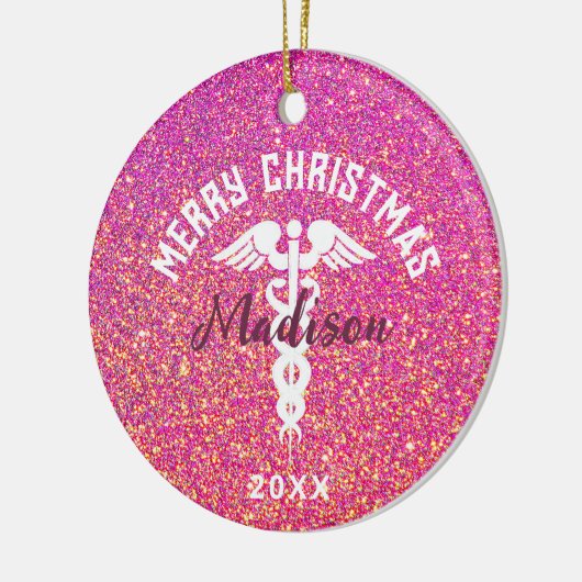 ナースパーソナライズされたピンクグリッタークリスマス セラミックオーナメント (左)