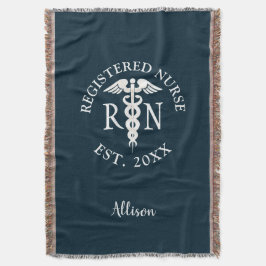ナースパーソナライズされたRN卒業式ネイビーブルーホワイト スローブランケット