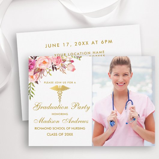 ナースピンクフローラグラードパーティー招待状金ゴールド 招待状