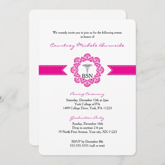 ナースピン止め式または卒業式RN BSN 招待状 (正面/裏面)