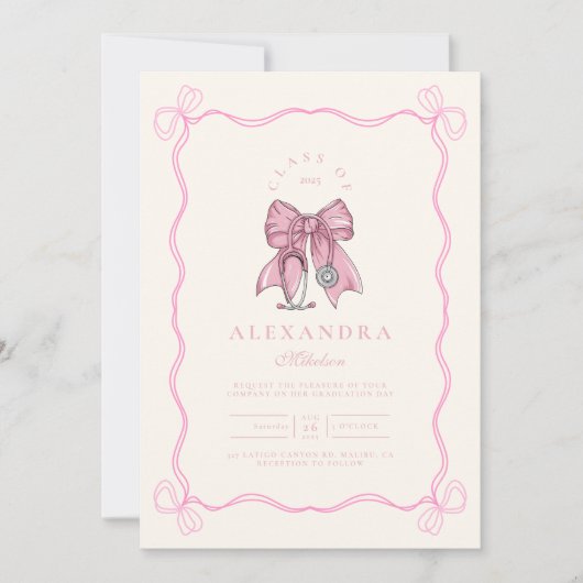 ナースフォトコケットピンクボウエレガント卒業 招待状 (正面)