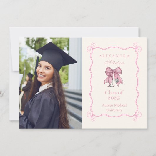 ナースフォトコケットピンクボウエレガント卒業 案内状 (正面)