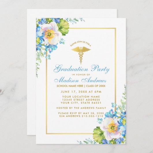 ナースブルーフローラ金ゴールドグラードパーティの招待状GB 招待状 (正面/裏面)