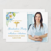 ナースブルーフローラ金ゴールドグラードパーティー招待状 招待状 (正面/裏面)