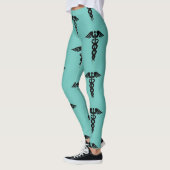 ナースメディカルカデウスパターンティール(緑がかった色)ブラック レギンス (左)