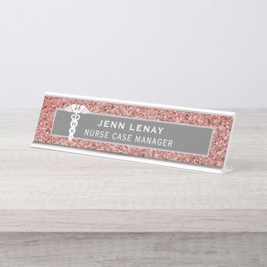 ナースメディカルカデウスピンクローズ金ゴールドグリッター デスクネームプレート (正面)