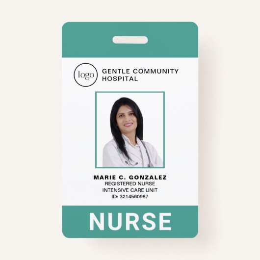 ナースメディカルグリーンティール（緑がかった色）病院のロゴ写真ID バッジ (正面)