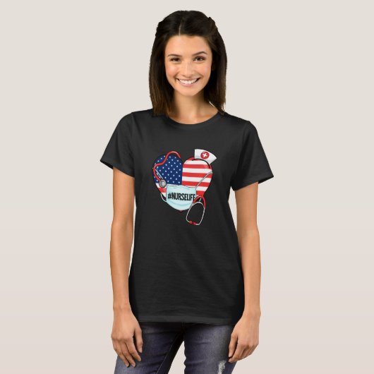 ナースライフアメリカハート国旗顔マスクステソスコ Tシャツ (正面フル)