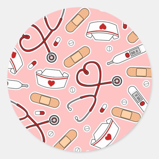 ナースラブプリントピンク背景 ラウンドシール (正面)