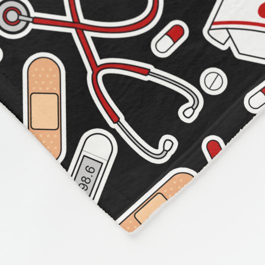 ナースラブプリントブラック背景 フリースブランケット (角)