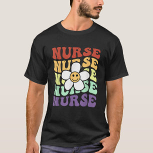 ナースレトロサンフラワースマイル顔カラフルナースd tシャツ
