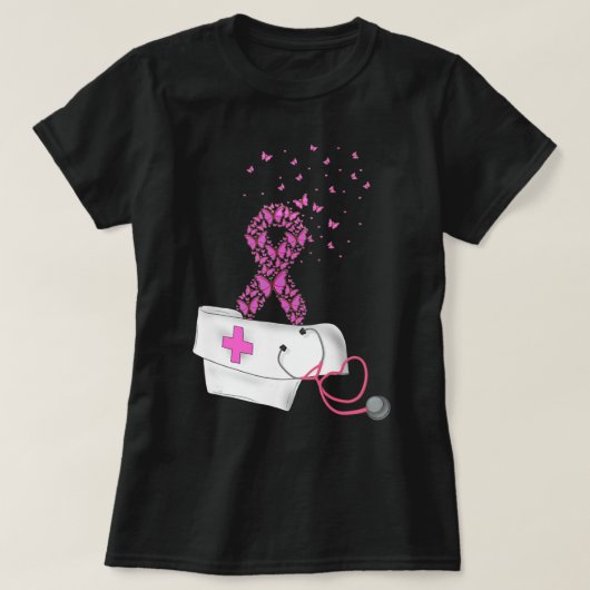 ナース乳がん認識度ピンクリボン聴診器 Tシャツ (デザイン正面)