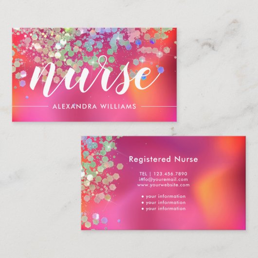 ナース介護者ホログラフィックグリッター医療用ピンク 名刺 (正面/裏面)