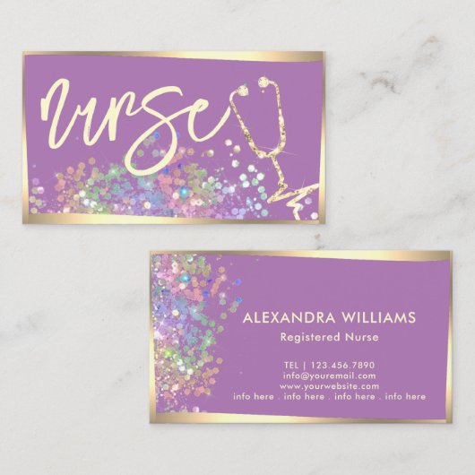 ナース介護者ホログラフィックグリッター紫金ゴールド 名刺 (正面/裏面)
