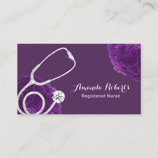 ナース介護者医療エレガント紫フローラ 名刺 (正面)