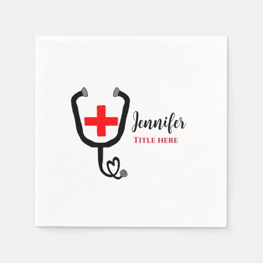 ナース医師レッドと聴診器の追加の名前 スタンダードカクテルナプキン (正面)