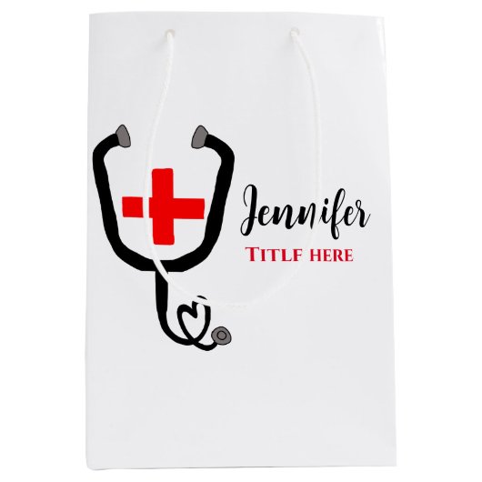 ナース医師レッドと聴診器の追加の名前 ミディアムペーパーバッグ (正面)