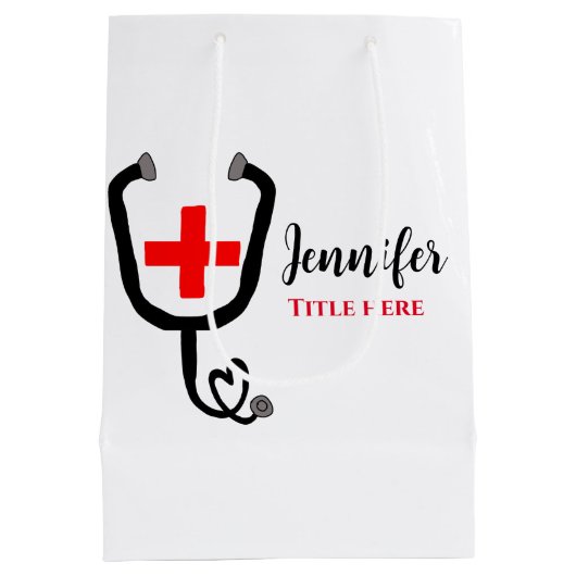ナース医師レッドと聴診器の追加の名前 ミディアムペーパーバッグ (裏面)