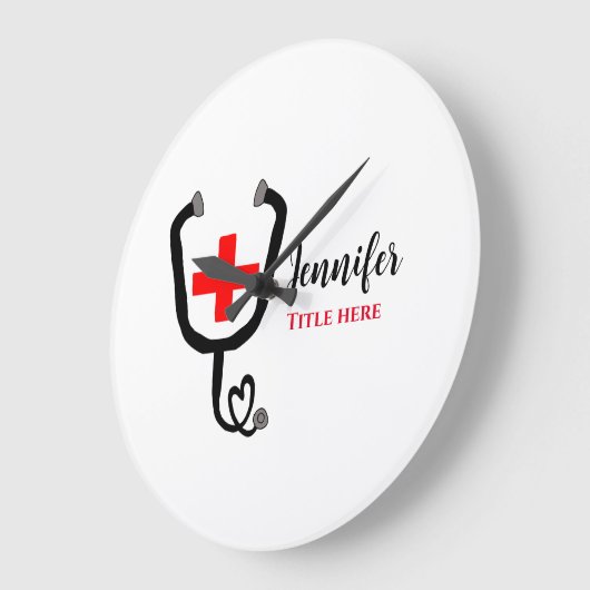 ナース医師レッドと聴診器の追加の名前 ラージ壁時計 (傾斜)