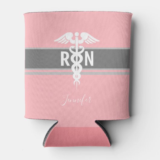 ナース医用カドゥセウスパーソナライズされたピンク 缶クーラー (正面)