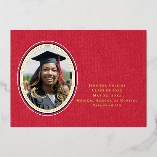ナース卒業エレガント赤ありがとうスクリプト 箔招待状 (正面)