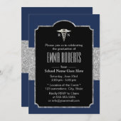 ナース卒業パエレガントーティーンネイビーブルー&シルバー 招待状 (正面/裏面)