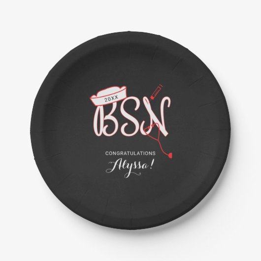 ナース卒業パーティー、BSN黒板レッド ペーパープレート (正面)