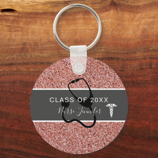 ナース卒業ピンクグリッターパーソナライズされた名 キーホルダー (正面)
