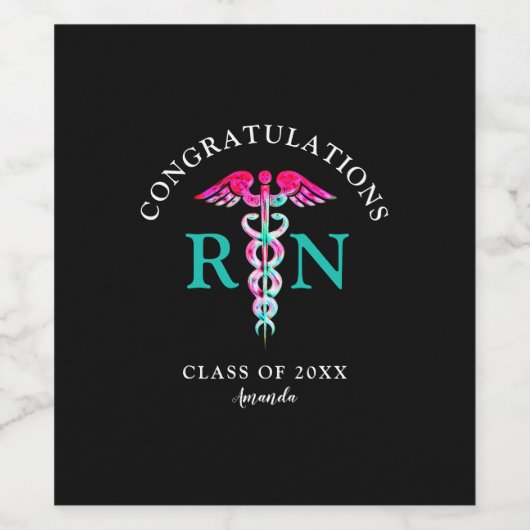 ナース卒業ブラックピンクティール(緑がかった色) パーソナライズされた ワインラベル (シングルラベル)