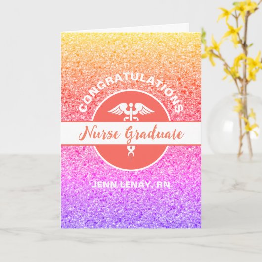 ナース卒業レインボーグリッターカーパーソナライズされたド カード (黄色い花)