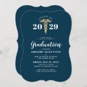 ナース卒業式ネイビーブルー&金ゴールドカドゥセウス 招待状 (正面/裏面)