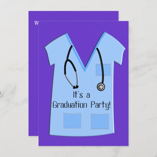 ナース卒業案内青いスクラブトップ 招待状 (正面/裏面)