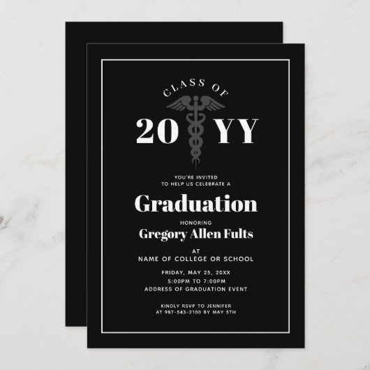 ナース卒業白黒医療 招待状 (正面/裏面)