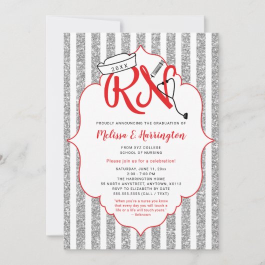 ナース卒業記念パーティー招待赤シルバーRN 招待状 (正面)