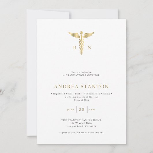ナース学校卒業式フェイク金ゴールド学モダン校 招待状 (正面)